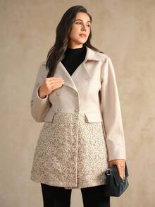 Flouryn Plus Size Women Elegant Commuter Lapel Patchwork Jacquard Fabric Overcoat - Khaki - View 1