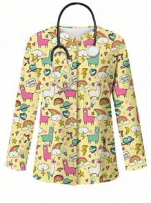PopScrub Women All-Over Print Long Sleeve Uniform Jacket, Scrub Outerwear, Spring/Autumn - Yellow - View 3