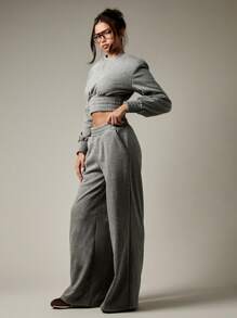 MISSGUIDED Ribbed Waist Crop Top And Wide Leg Tracksuit Set Winter Fall Athleisure Loungewear With Long Sleeves High Rise Loose Fit - Grey - View 5