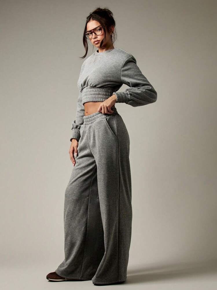 MISSGUIDED Ribbed Waist Crop Top And Wide Leg Tracksuit Set Winter Fall Athleisure Loungewear With Long Sleeves High Rise Loose Fit