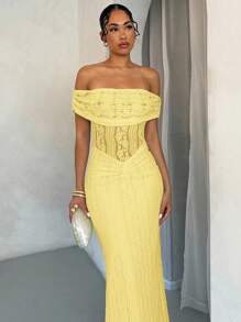 SHEIN BAE Off Shoulder Lace Bodycon Dress, Elegant For Spring/Summer Formal Dresses For Wedding Guest,Wedding Guest Dress - Yellow - View 3