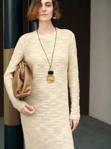 Uhlyne Uhlyne Vestido de punto con cuello redondo, manga larga, unicolor y detalles de cuentas para mujer, adecuado para el uso diario en otoño/invierno - Beis - Ver 2