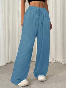 SHEIN EZwear 女式蓝绿色前系带休闲褶皱纹理长裤 - 水鴨藍 - 查看 3