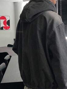 DAZY 男士纯色水洗连帽设计黑色牛仔夹克，秋季 - 黑色 - 查看 2