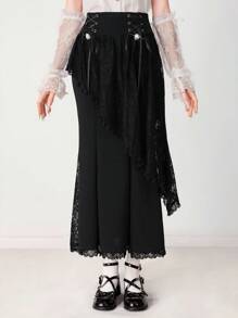 ROMWE EDITION Women's Elegant Solid Color Lace Patchwork Fishtail Skirt - Black - View 5