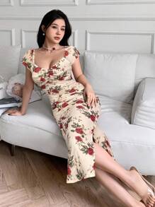 Feyla 休闲印花修身女式连衣裙 - 杏色 - 查看 6