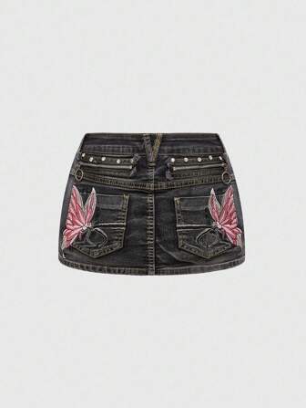 Fairycore Frauen Lässig Denim Mini-Rock mit Schmetterlings-Muster, Sommer Mode für Musikfestivals
