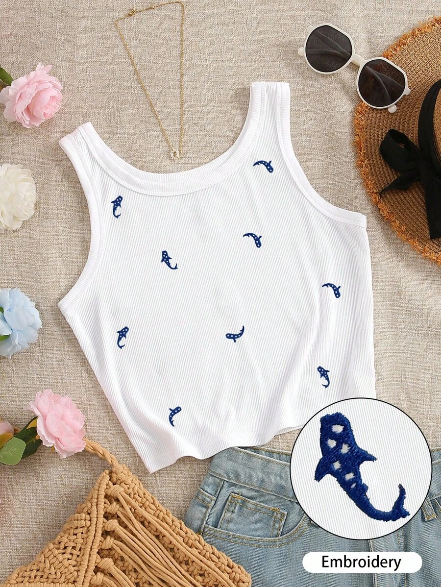 INAWLY Camiseta de tirantes ajustada para mujer con diseño bordado de ballena - Blanco - Ver 1