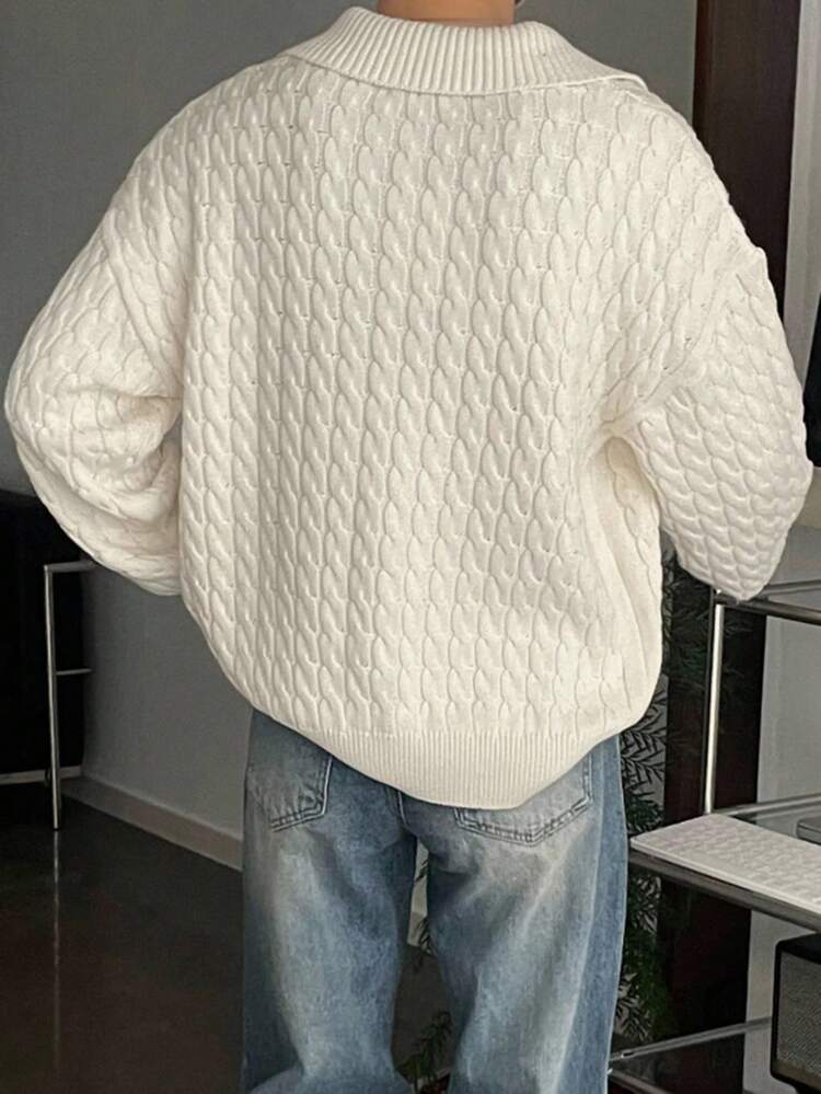 Men's Casual Drop Shoulder Letter Pattern Knitted Beige Sweater, Autumn School