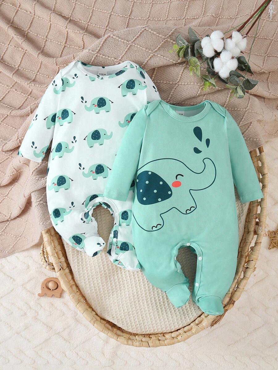 SHEIN 2件套新生儿可爱大象印花白色和蓝色简约长袖连脚连体睡衣 - 綠色 - 查看 1