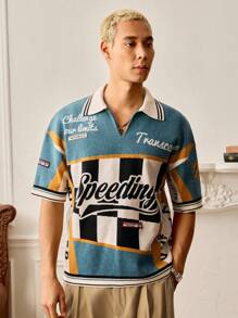 SWAVVY Men's Fashion Letter Striped Short Sleeve Casual Knit Top , Fall Winter - Multicolor - View 3