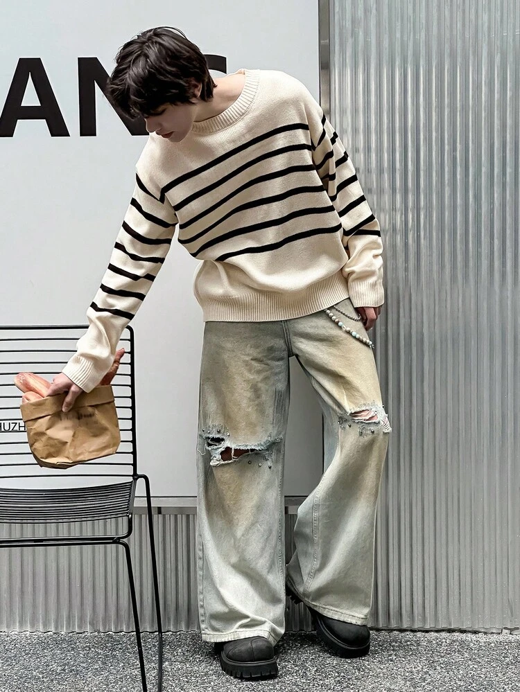 Men's Casual Multicolor Striped Knitted Sweater, Autumn/Winter