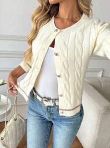 SHEIN Tall Women's 70s French Elegant Round Neck Knitted Cardigan,Blue And White Stripe,Autumn School Back-To-School Versatile Slim Fried Dough Twists Button, Tall Women - Apricot - View 5