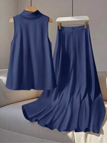 GlowEve Bộ 2 món áo không tay và chân váy trơn màu thanh lịch dành cho nữ - Màu xanh hải quân - Xem 2