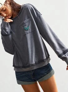 Bohemela 秋冬波西米亚风音乐节休闲纯色针织圆领宽松水洗女式图案卫衣 - 灰色 - 查看 6