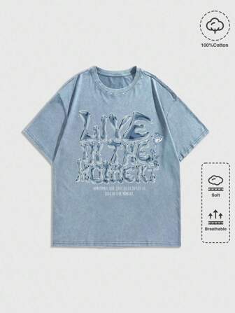 Grunge Punk Camiseta de mujer con estampado aleatorio de letras metálicas, flores de rosa y copos de nieve