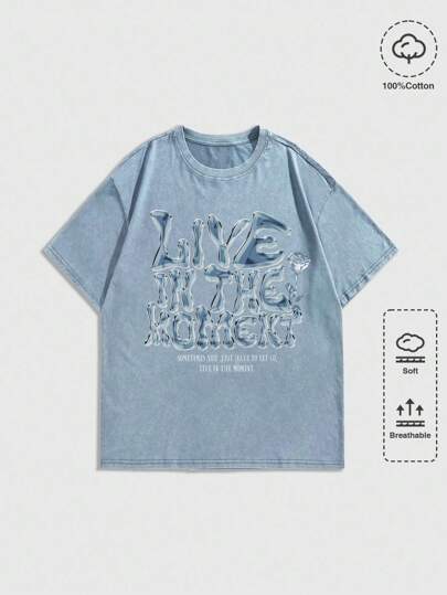 Grunge Punk Damen Metallic Buchstaben & Rose Blumen zufälliges Säure-gewaschenes T-Shirt