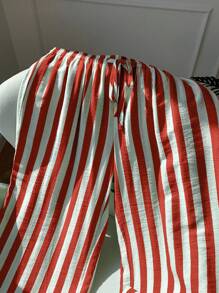 SHEIN EZwear 女士系带腰阔腿宽松休闲条纹裤 - 紅色 - 查看 7