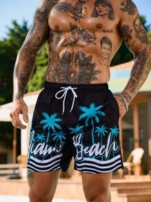 Manfinity Swimmode 男士休闲度假风格棕榈树和字母印花抽绳腰部斜口袋沙滩短裤，夏季 - 黑色 - 查看 7