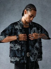 ROMWE MEN Anime 男士中国龙印花短袖前系带牛仔衬衫 - 藍色 - 查看 4