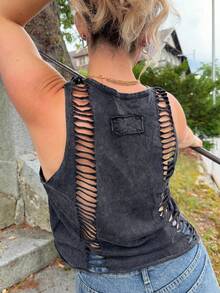 Jeta Ari Plain Knitted Cropped Washed Tank Top For Women - Black - View 3