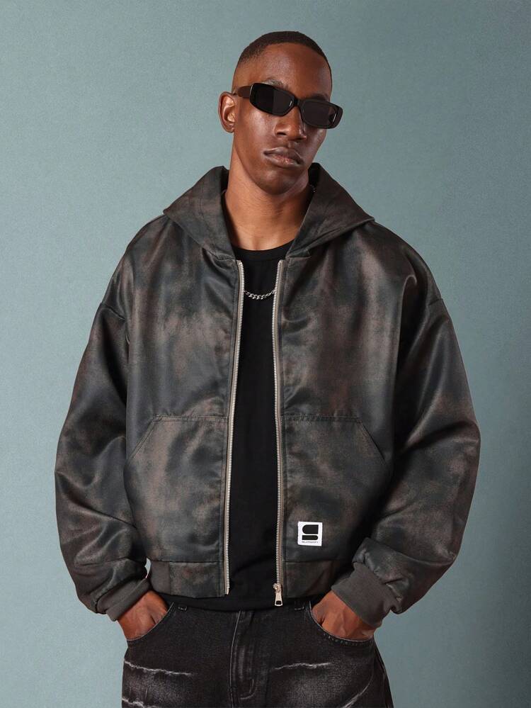 Distressed Print Workwear Hoodie With Full Zip Design