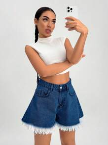 SHEIN Cottnline WOMEN RAW HEM DENIM MINI SHORTS BLUE - Royal Blue - View 5