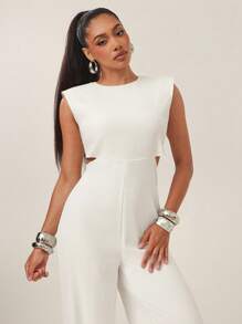 Vixey Women's Solid Color Round Neck Batwing Sleeve Cutout Waist Wide Leg Loose Jumpsuit, Business Casual Woman, Office Outfit - White - View 5