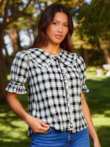 WESTFADE قميص مقصر بأكمام قصيرة منتفخة، زر إلى ملابس علوية، مزين بطيات وطبعات مطرزة