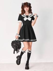 EDITION 女式条纹海军蓝领迷你连衣裙，深色学院风荷叶边下摆，少女感十足 - 黑色 - 查看 6