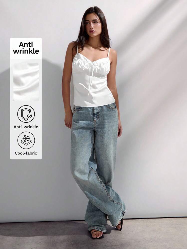 SHEIN Maija White Satin Pleated Bust Tie-Up Design Women Camisole, Versatile Fashion Minimalist Top With Design Details, Spring/Summer