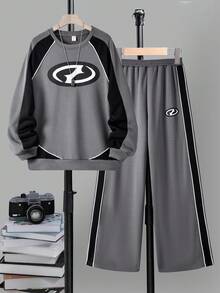 2 件青少年男童休闲插肩袖运动衫和运动裤套装，印花 - 深灰色 - 查看 1