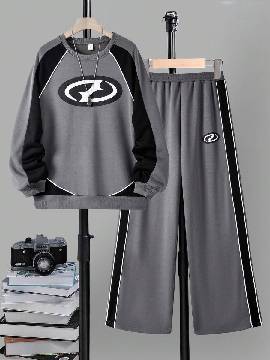 2 件青少年男童休闲插肩袖运动衫和运动裤套装，印花 - 深灰色 - 查看 1