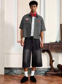 SWAVVY 男士字母刺绣工装口袋短袖休闲衬衫 - 灰色 - 查看 2