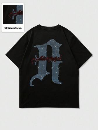 Street Life Herren Kurzarm T-Shirt mit Strass-Englisch-Grafik-Muster, Sommer