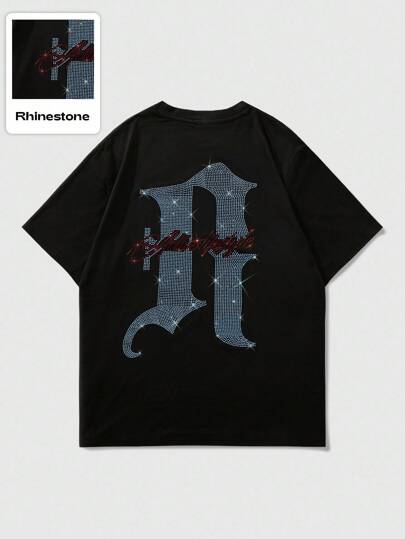 Street Life Men's Short Sleeve T-Shirt With Rhinestone English Graphic Print, Summer