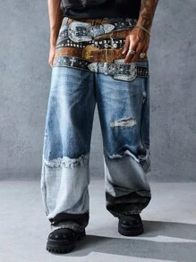 ROMWE MEN Street Life Jeans décontractés à jambes larges et coupe ample pour hommes avec design de ceinture - Bleu azur - Voir 4