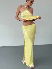 Aloruh Váy Maxi Sequin Chữ H Lưng Thấp Màu Vàng, Lãng Mạn Cho Buổi Hẹn Hò - Màu vàng - Xem 6