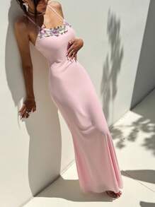 Aloruh Nuevo vestido de verano con tirantes de espagueti de malla verde y aplicaciones, ajustado para mujer - Verde - Ver 8