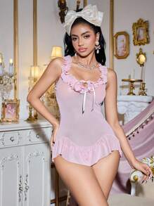 SHEIN Nuisette sexy à volants avec nœud devant, couleur unie, pour sortir - Rose pâle - Voir 5