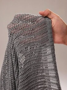 Rustia Plus Size Women's Solid Color Bat Sleeve Hollow Out Casual Knit Top - Grey - View 7