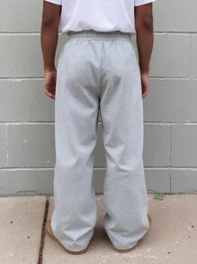 Manfinity EMRG 男士休闲宽松字母贴花抽绳腰阔腿保暖内衬运动裤，灰色宽松运动裤，Y2K 纽约运动裤，送给男友的绝佳礼物，返校季必备 - 淺灰色 - 查看 2