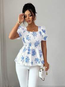 Elenzga 新款春夏法式紫色碎花腰部收紧优雅优质荷叶边领泡泡袖A字型女式复古短袖衬衫，适合教师 - 藍色 - 查看 5