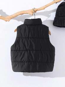 Girls' Casual Minimalist Stand Collar Sleeveless Loose Solid Color Padded Vest, Versatile Padded Coat For Autumn White - Black - View 2