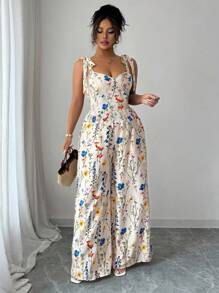 Elenzga 大码女式细肩带露背设计 + 腰部抽绳阔腿裤 2 件套 - 杏色 - 查看 5