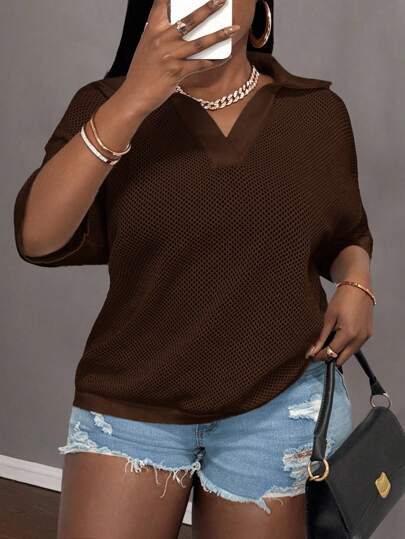 Slaydiva Loose Fit Solid Cream V-Neck Drop Shoulder Crochet Hollow Out Casual Plus Size Knit Top T-Shirt For Women, Spring/Summer