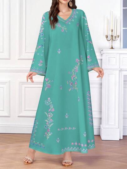 SHEIN Najma 复古优雅花卉印花休闲女式V领阿拉伯风格长裙