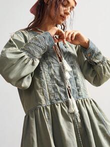 Bohemela Vestido mini de mezclilla tejido de unicolor casual para mujer, blusa bohemia, blusas bohemias, blusas túnica, ropa bohemia, blusas bohemias - Gris - Ver 3