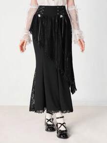 ROMWE EDITION Women's Elegant Solid Color Lace Patchwork Fishtail Skirt - Black - View 1