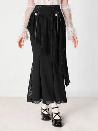 EDITION Women's Elegant Solid Color Lace Patchwork Fishtail Skirt
